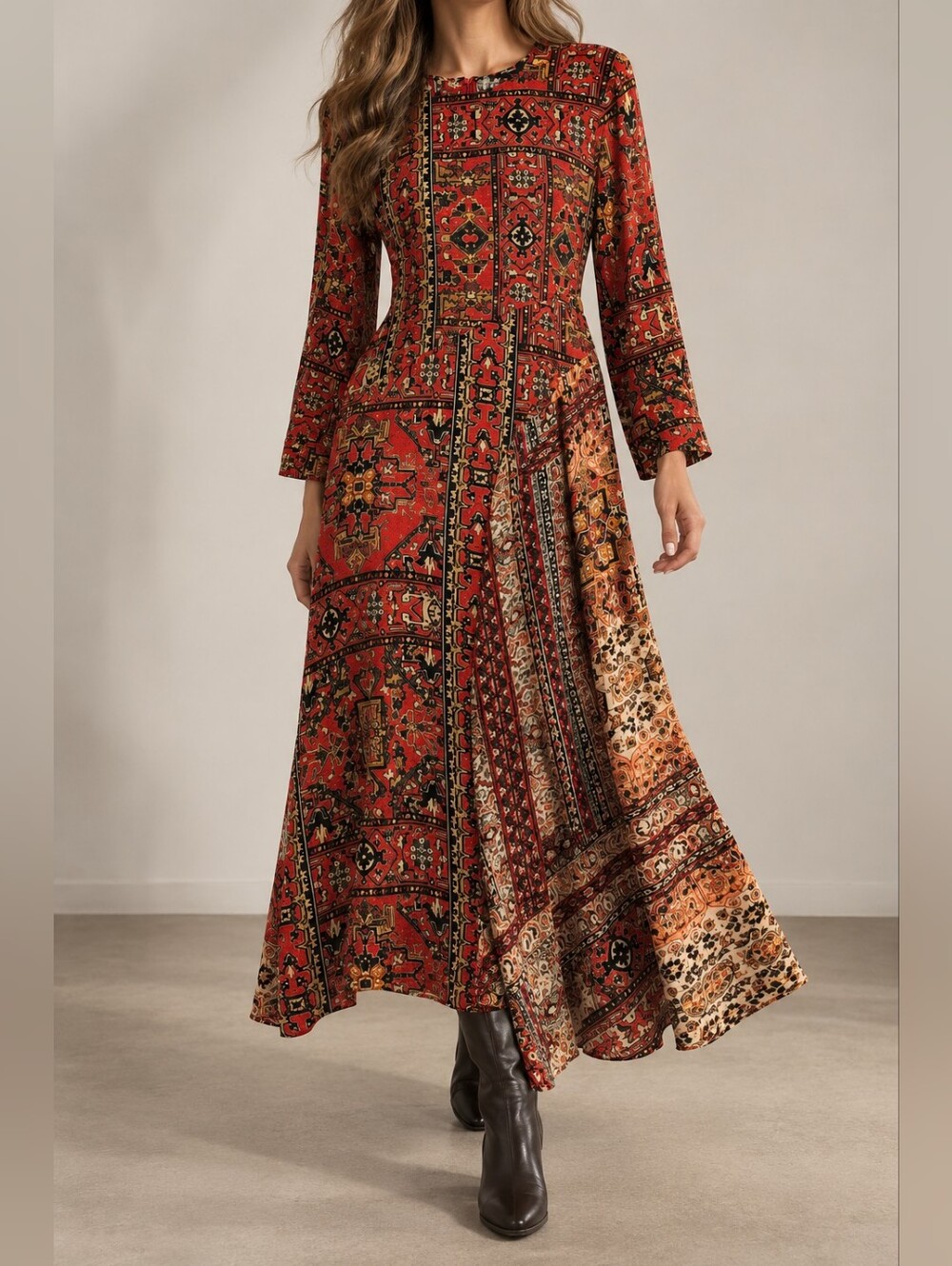 Desigual Red Boho Patchwork Print Long Sleeve Maxi Dress Made in Morocco